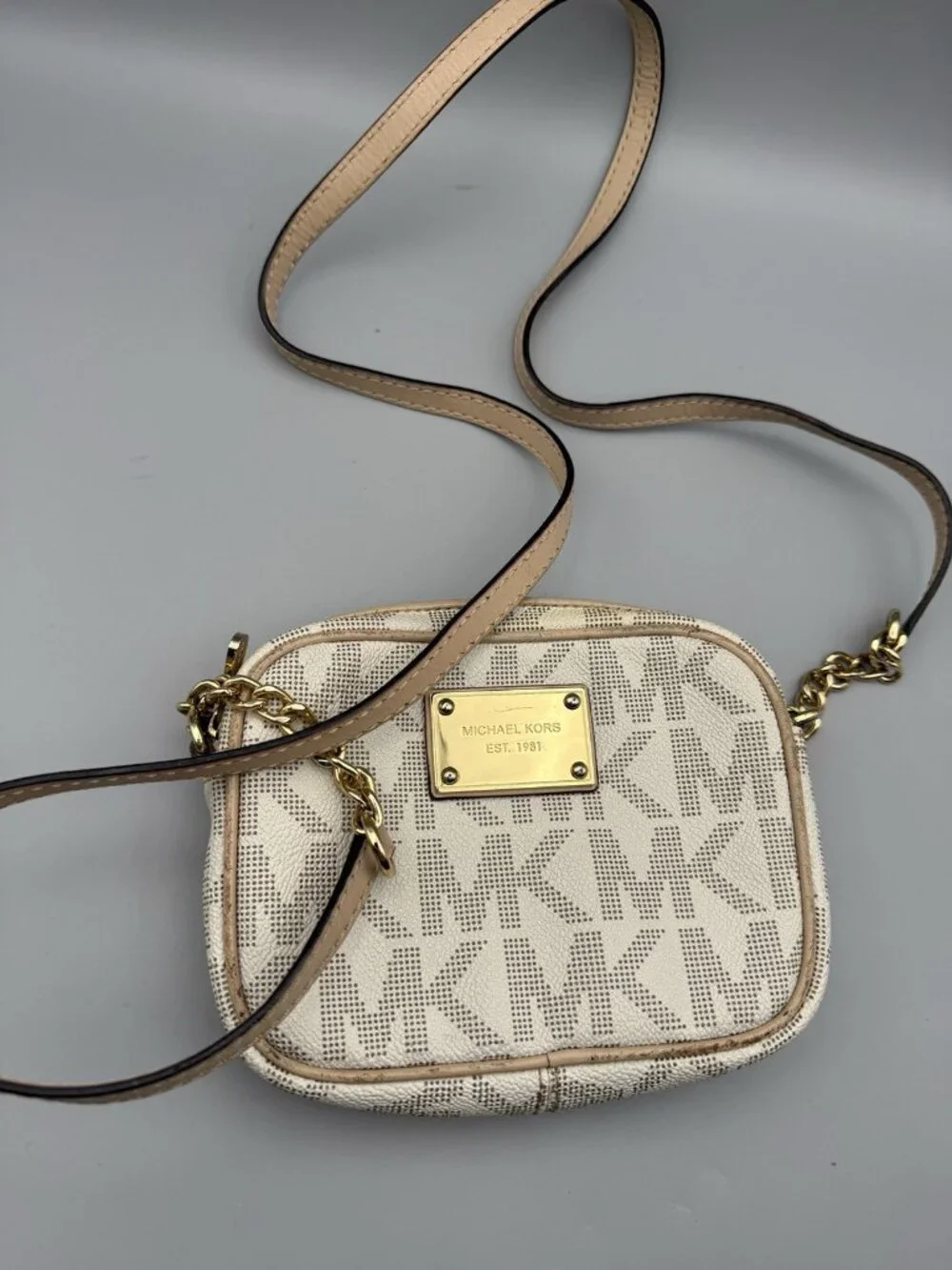 Michael Kors Women Beige Jet Set Travel MK Coated Canvas Zip Crossbody Bag Small